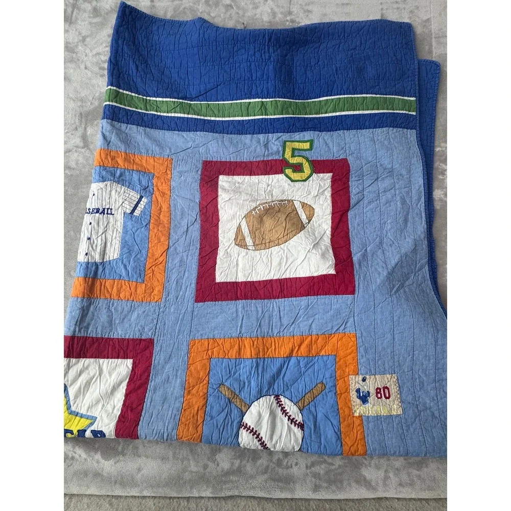 Vintage Sports Patchwork Quilt Blanket All Star Baseball Basketball Soccer Blue